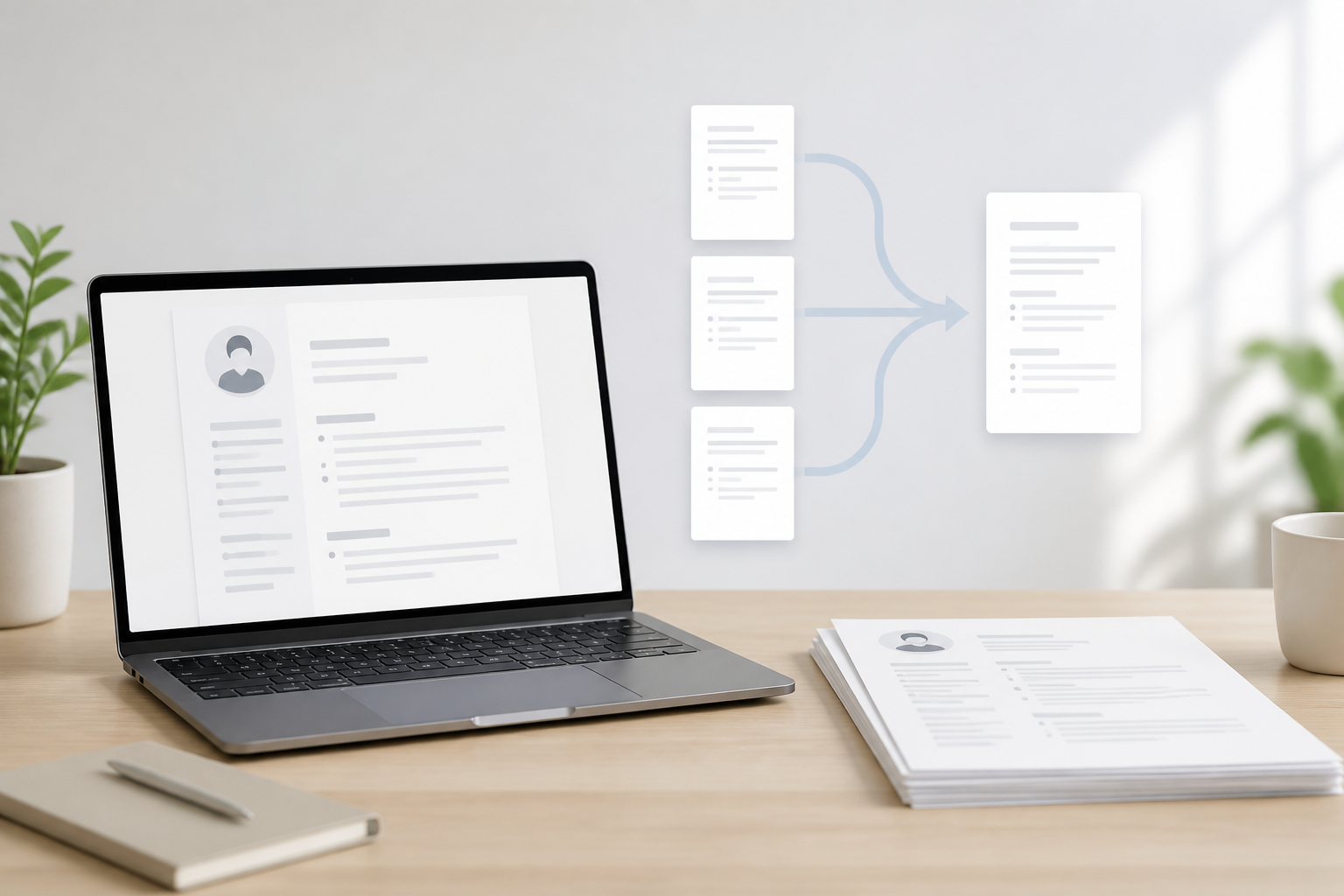 Übersichtliche Bewerbungsunterlagen als PDF neben einem Laptop und einem Lebenslauf