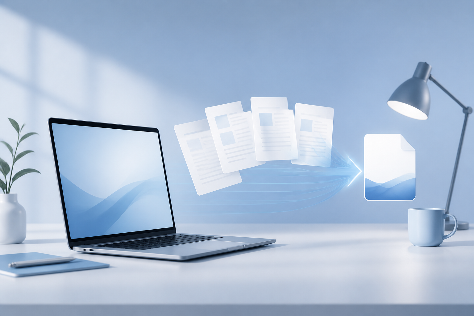 Mehrere PDF-Dokumente werden auf einem Laptop zu einer Datei zusammengefügt
